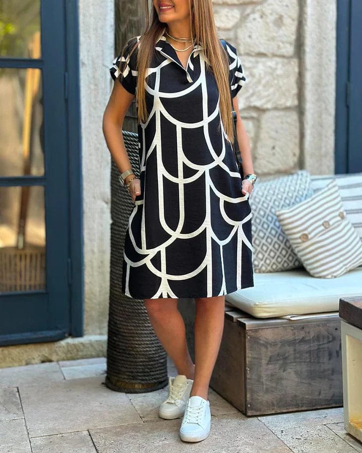 GlamoraParis® | Vêtements Tendances Femme Dresses Zwart / S Midi-jurk met korte mouwen en print